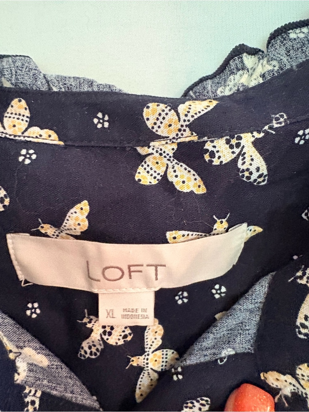 LOFT Navy Butterfly Print Ruffle Cap-Sleeve Blouse - Picture 3 of 3